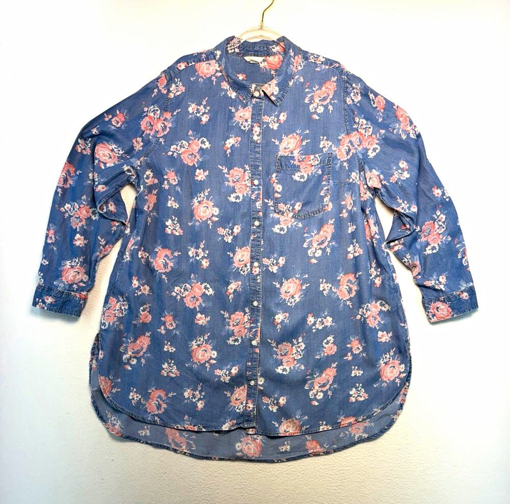 Cato Women’s 18/20W Floral Chambray Button-Up Long Sleeve Blouse cottagecore